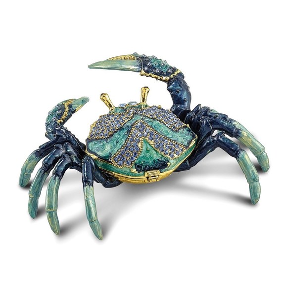 Pewter Bejeweled Crystals Enameled CHESAPEAKE Blue Crab Trinket Box w Pendant - Picture 5 of 6